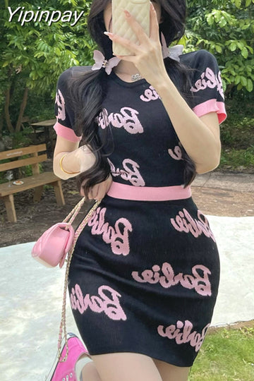 Yipinpay Knit Two Piece Set Top and Skirt O-Neck Crop Tops Women Kawaii Komplet Damski Lato Matching Sets Sexy Club Outfits Pink